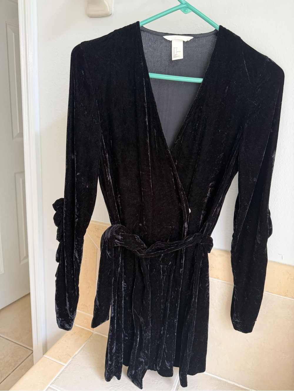 H&M Black Velvet Wrap Dress with Waist Tie